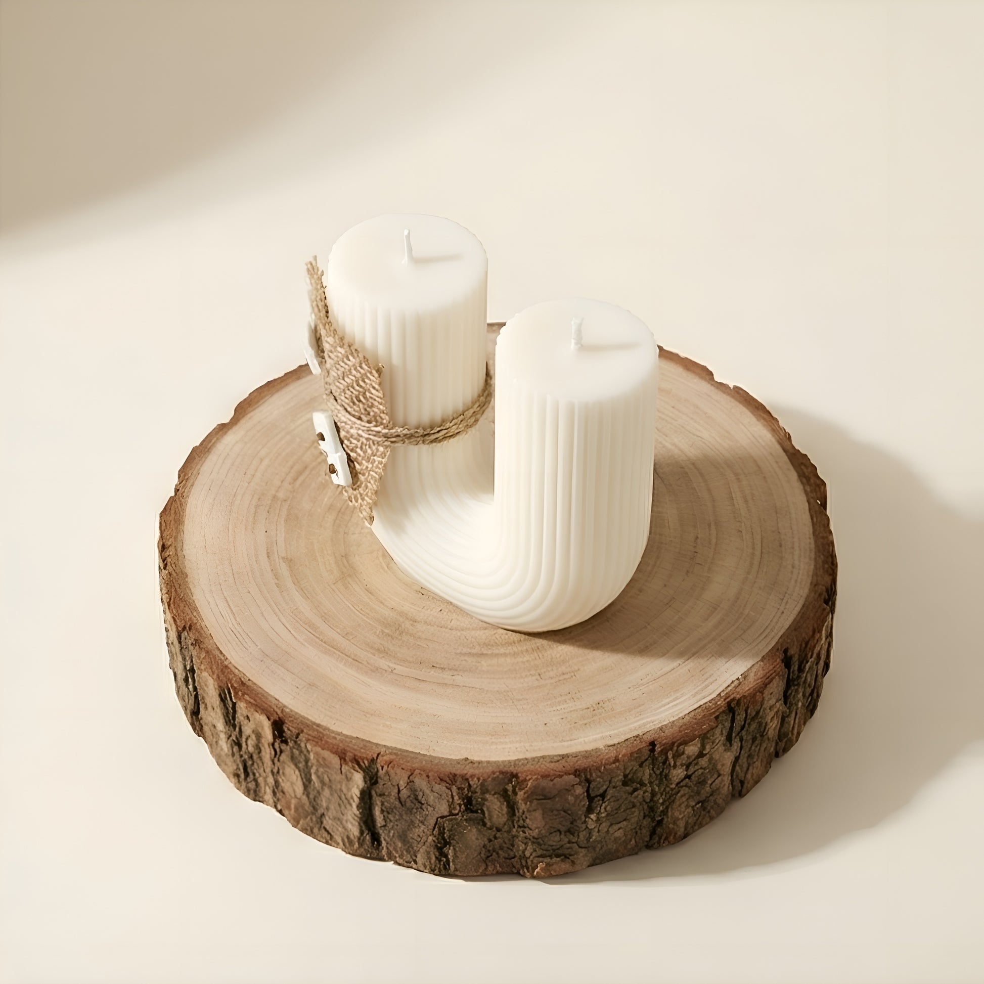 Modern white ribbed candle with curved design on wooden base, decorative home accent